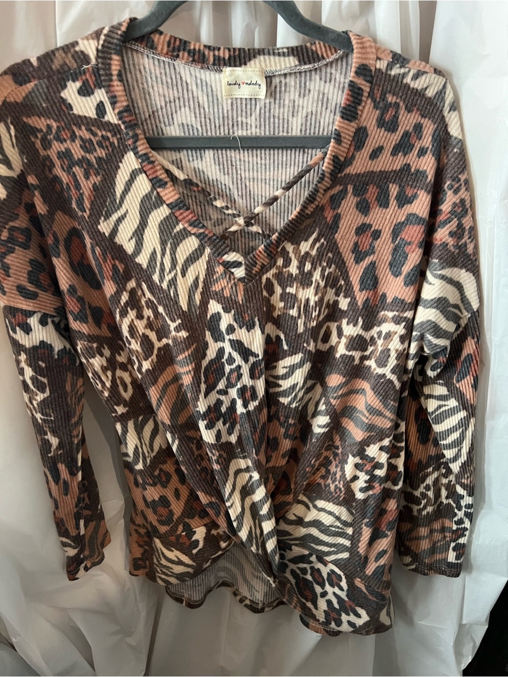 Lovely Melody Mixed Animal Print V-Neck Knit Top in Brown and Cream